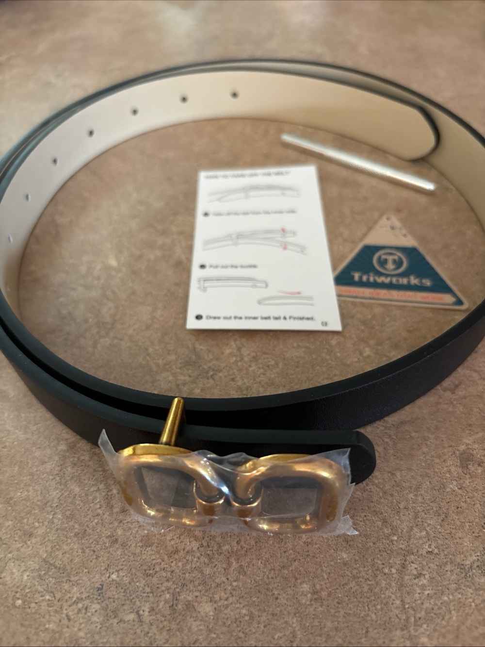 Triworks Reversible Leather Belt Beige and Black “Gold” accessory belt buckle.